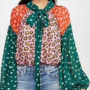 NWT Farm Rio Mixed leopard Blouse in Multi with Tie Neck - RARE
